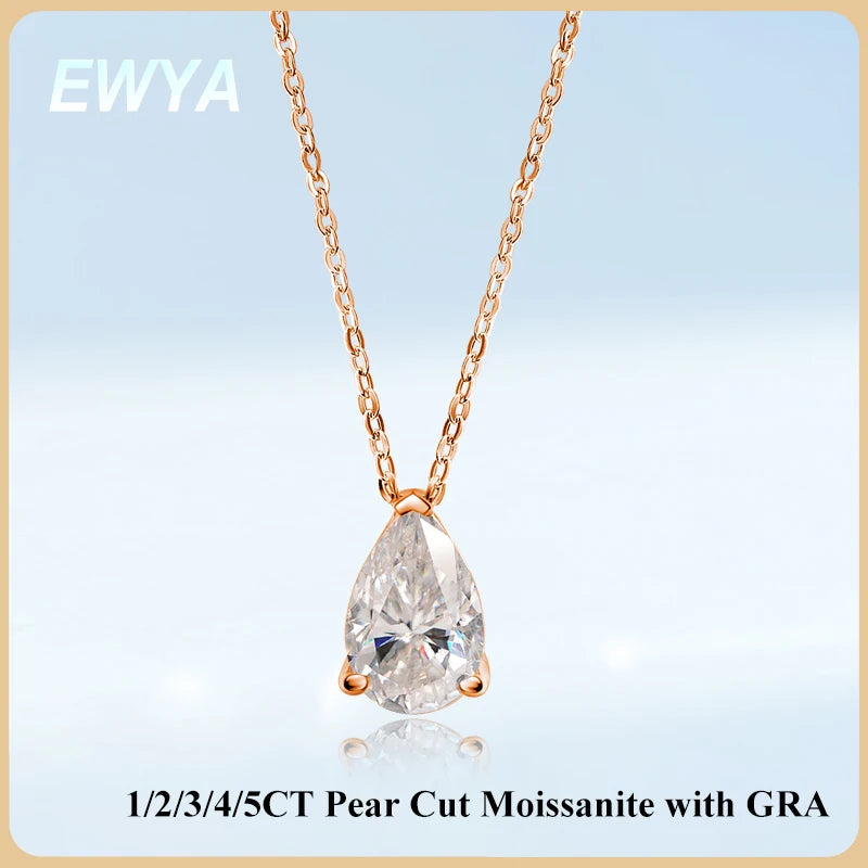 EWYA Solitaire Pear Cut Moissanite Diamond Pendant Necklace 1-5CT D Color 925 Silver 18K Rose Gold Chain for Women