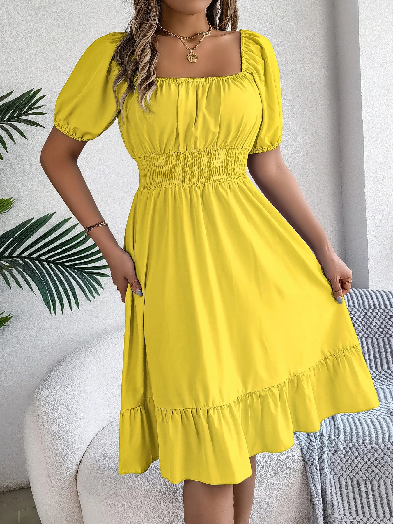 2026 Women’s Elegant High-Waisted Dress – Square Neck, Short Sleeve, Ruffled Edge Long Dress | Spring Summer Valentine’s Day