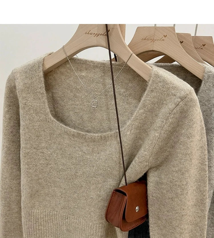 ✨ Soft Short Knitted Sweater Top for Women 🍁 Square Collar Slim Fit | Autumn Winter Inner Base Shirt 👚