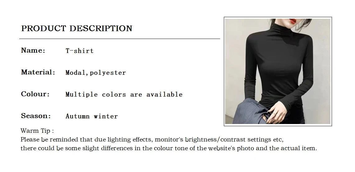 2024 Women’s Black Turtleneck Long Sleeve T-Shirt | Elegant Modal Y2K Korean Fashion Top for Autumn & Winter
