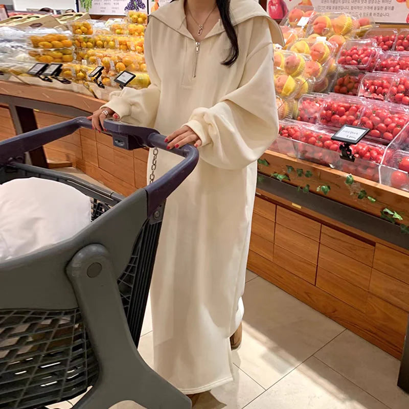 Women’s Winter Collar Zip Dress – Loose Lazy Long Sleeve H-Line Polyester Dress with Zipper, Commute Casual Wear