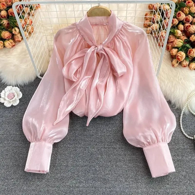 Spring Autumn Korean Harajuku Women’s Top – Bowknot Lantern Sleeve Loose Solid Shirt 🌸👚✨