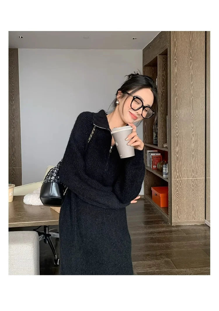 2025 Spring Autumn Knitted Midi Dress for Women | Long Sleeve Loose Fit Base Layer Straight Cut Polyester Dress