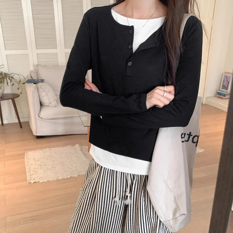 Slimming Effect Pure Cotton Long Sleeve Top – Women’s Loose Fashionable Base Shirt Spring Autumn 2025
