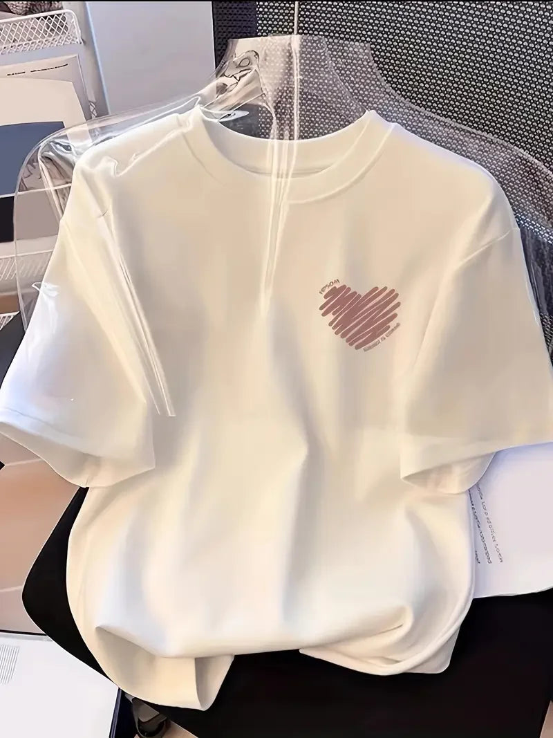 Plus Size Women’s Short Sleeve T-Shirt – Pink Heart Print Minimalist Cute Casual Top 💗✨