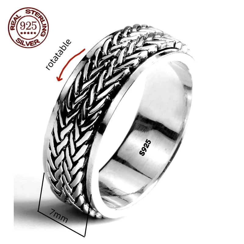 Simplicity Vintage S925 Sterling Silver Viking Ring – Rotatable Woven Pattern Unisex Jewelry Gift