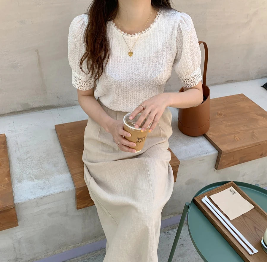 Elegant White Lace Hollow Out Blouse | Fairy-Style Bubble Sleeve Summer Top for Women