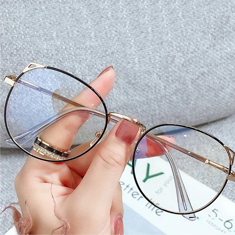Fashion Anti Blue Light Glasses for Women – Thin Alloy Metal Cat Ear Round Frame | Computer Eye Protection Spectacles