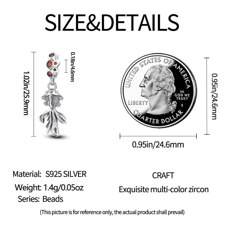 925 Sterling Silver Minimalist Koi Fish Charm Fit Pandora Bracelet for Women