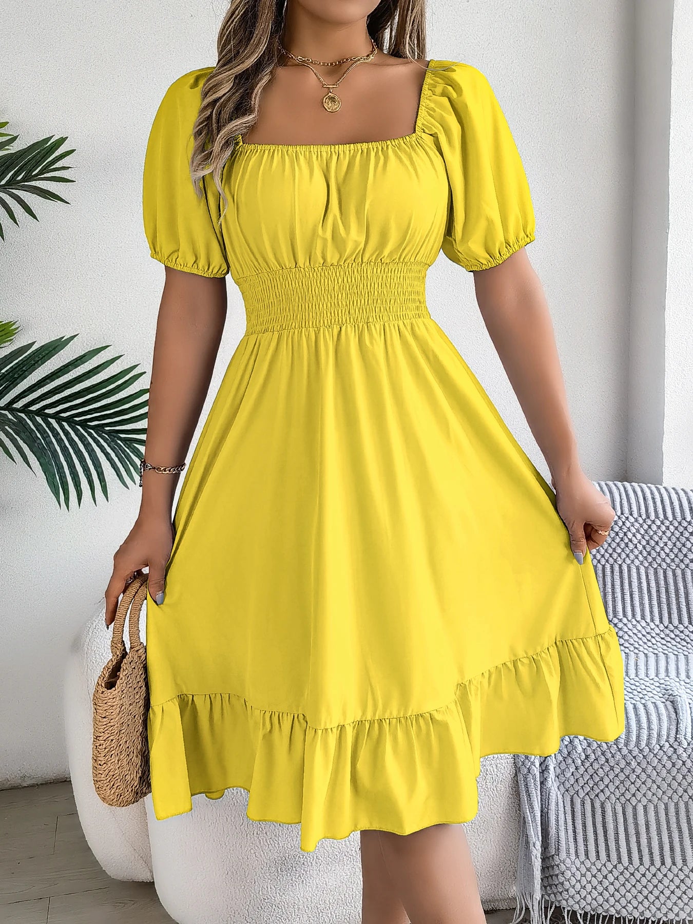 2026 Women’s Elegant High-Waisted Dress – Square Neck, Short Sleeve, Ruffled Edge Long Dress | Spring Summer Valentine’s Day