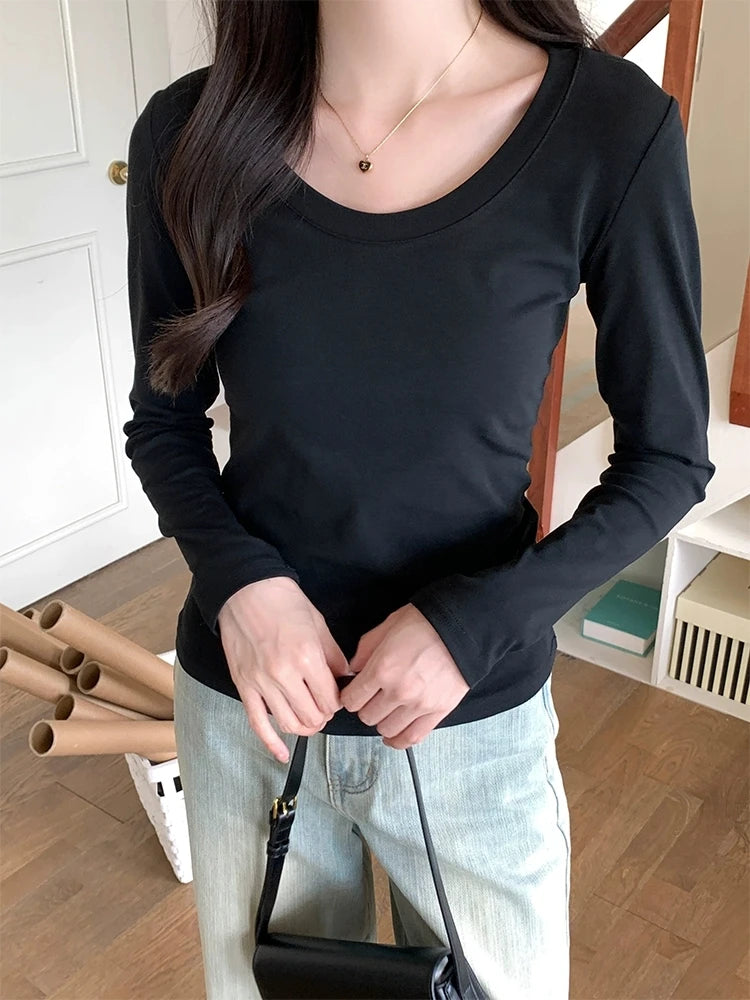 Women’s U-Neck Long Sleeve T-Shirt | Autumn Winter Cotton Slim Casual Top | Basic Solid Korean Style