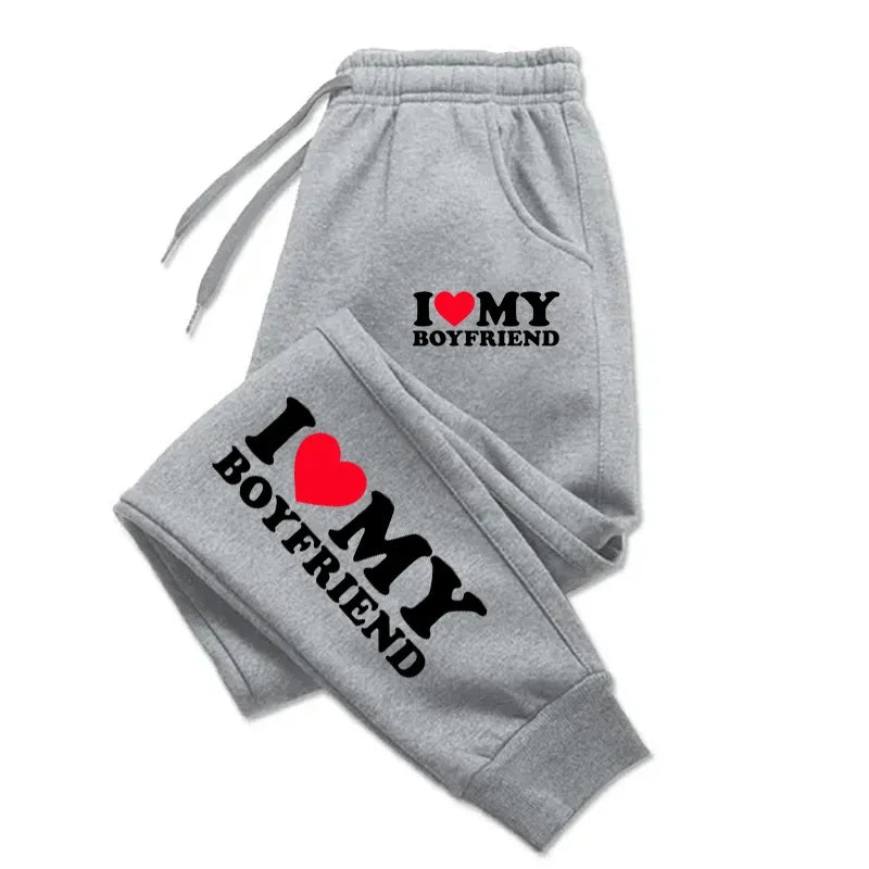 Couple Sweatpants | I Love My Boyfriend & Girlfriend Print Pants | Loose Casual Warm Drawstring Pants
