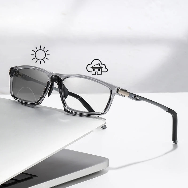 Anti-Blue Light Photochromic Bifocal Reading Glasses – Multifunctional Aluminum Magnesium Sports Eyewear for Men & Women