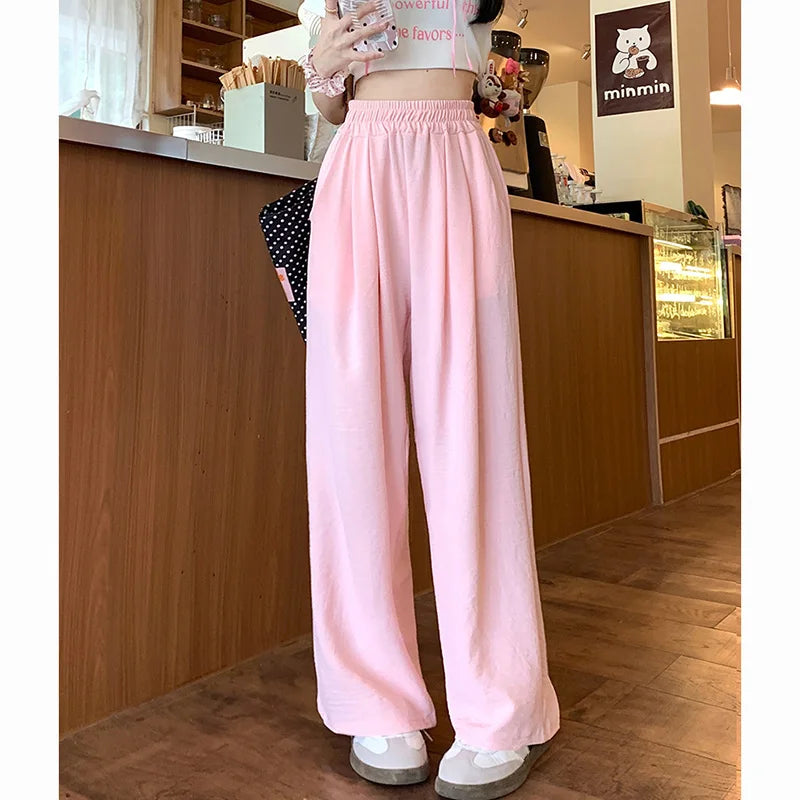 Summer Women Colorful Ice Silk Pants | High Waisted Wide Leg Trousers | Baggy Straight Leg Casual Pants
