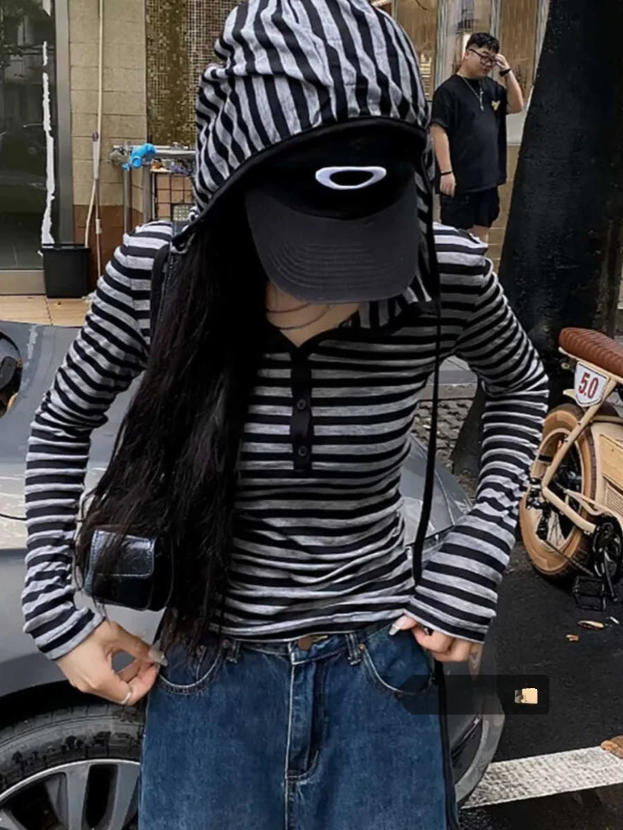 Women’s Slim Fit Long Sleeve Striped T-Shirt with Hat | 2025 Korean Style Knit Top | Early Autumn Fashion
