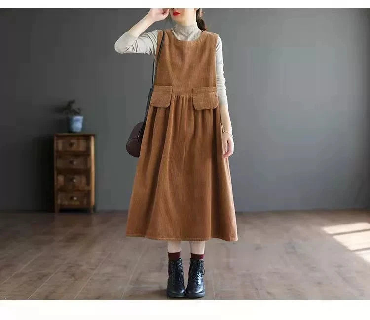 Artistic Corduroy Overall Dress for Women – H-Line Casual Wear, Medium Stretch Comfortable Autumn Season Single Piece