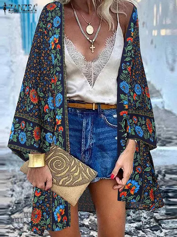 ZANZEA Summer Beach Cardigan Women – Vintage Bohemian Floral Long Sleeve Kimono Cover-Up 🌸🌊