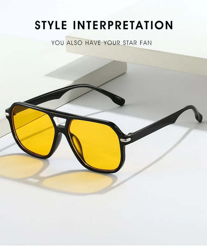 Retro Big Frame Square Sunglasses – Women & Men Double Beam One-Piece Designer Pilot Sun Glasses | Black Circular Cool Shades