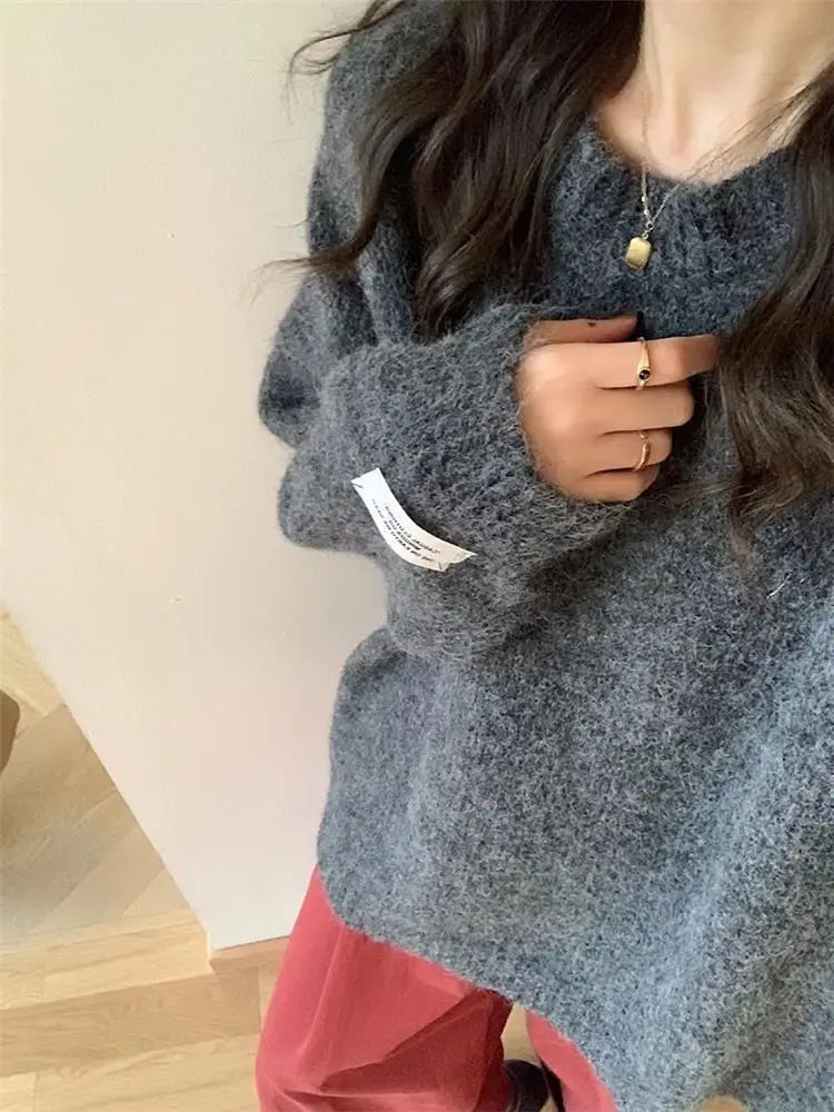 Loose Women’s Blue Sweater | Korean Casual Knitwear | Spring Autumn Round Neck Pullover