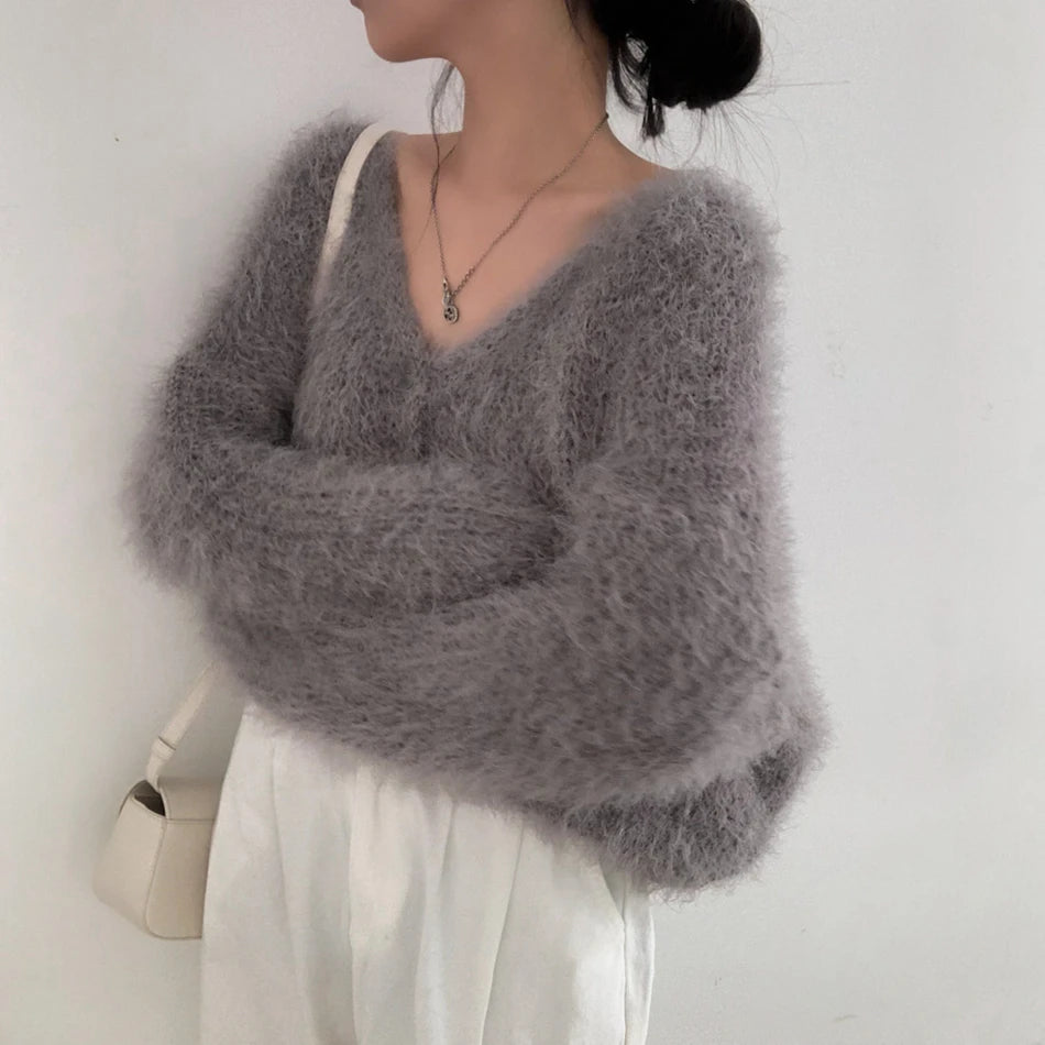 Chic V-Neck Knitted Sweater Coat for Women 🧥✨ Faux Fur Lazy Style Cardigan 💖 Autumn Winter Fashion Outerwear