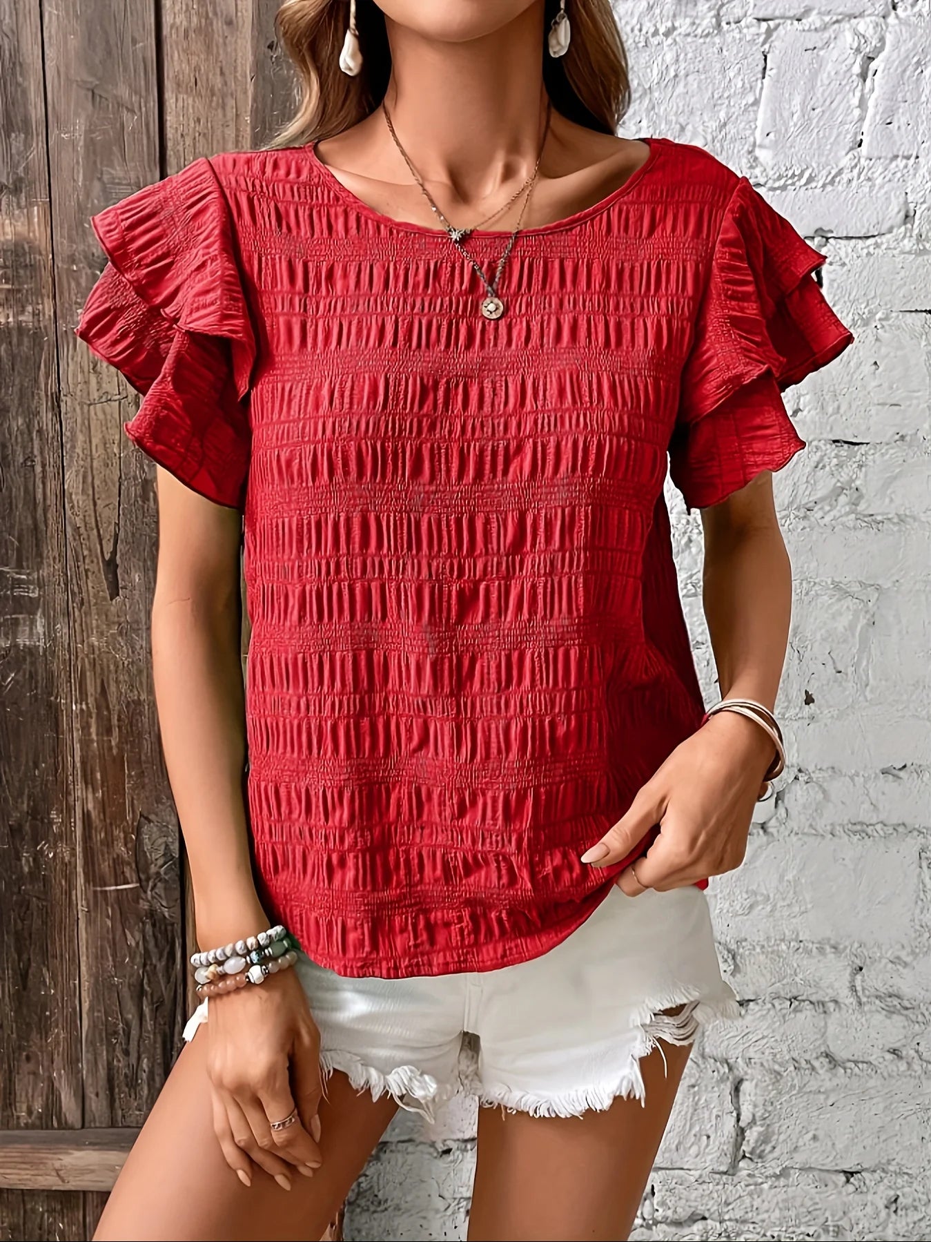 Summer Elegant Solid Shirt for Women – Casual Office Blouse with Vintage Butterfly Sleeve & O-Neck Top