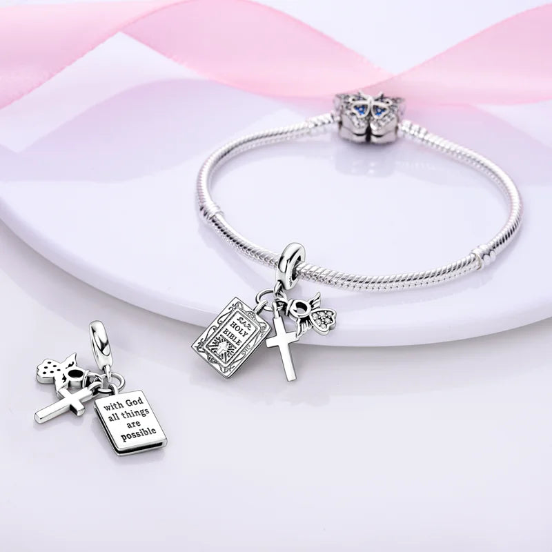 925 Sterling Silver Star, Moon & Heart Safety Chain | CZ Beads Angel Wing Charm for Original Bracelet DIY Jewelry