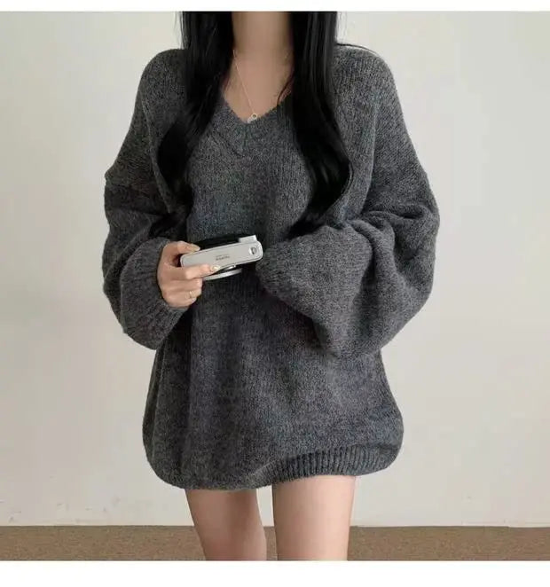 Soft Cozy Knitwear Women’s Loose Sleeve Sweater – Autumn Winter New Fashion V-Neck Long Sleeve Korean Commute Outerwear