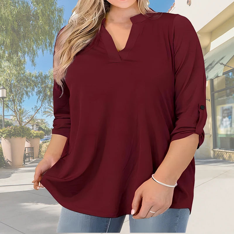 2025 Women’s Plus Size Summer Blouse – Casual V-Neck Button-Front Loose Fit Short Sleeve Top