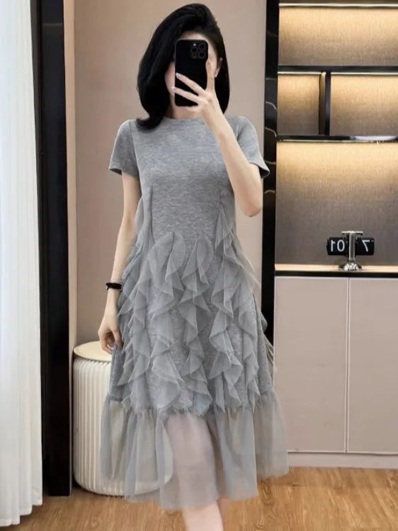 Plus Size Asymmetrical T-Shirt Dress | Slimming Mesh Splice Belly-Covering High Waist A-Line Dress | Summer Women’s Fashion