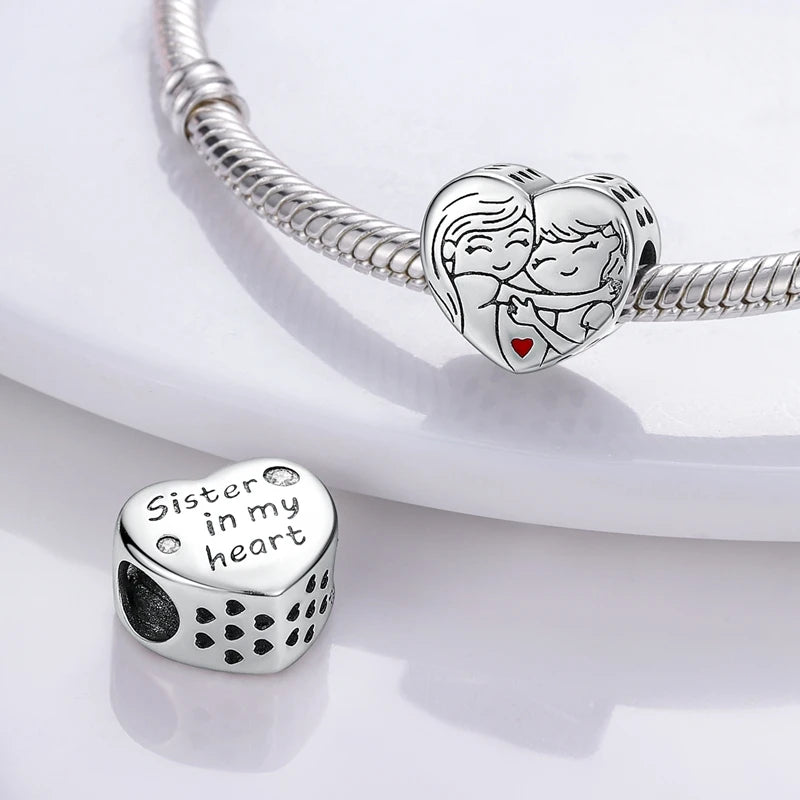 New 925 Sterling Silver Family Sister Love Heart Charm Bead | Original Bracelet DIY Jewelry Gift for Women