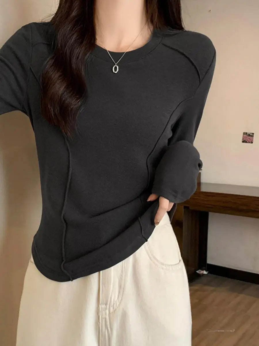 Women's Long Sleeve Velvet Base Shirt 👚 Slim Fit Round Neck T-Shirt ✨ Pure Color Winter Fashionable Top ❄️