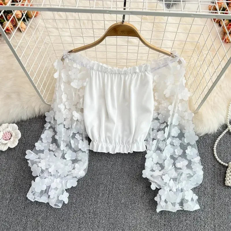 Women’s 2025 Flower 3D Slash Neck Long Sleeve Blouse – Korean Summer Fashion Top 🌸✨