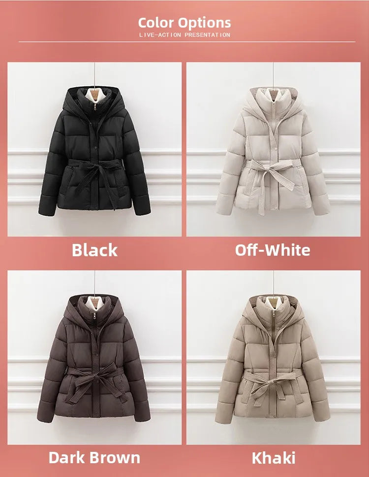 Slimming Cotton Down Jacket for Women | Hooded Winter Coat with Drawstring Waist | Lightweight Warm Outerwear