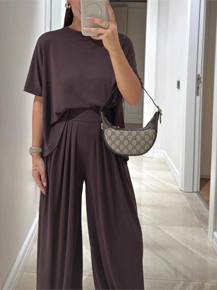 Casual Women’s 2-Piece Set – Short Sleeve T-Shirt & High Waist Wide-Leg Trousers Summer Fashion 🌿☀️