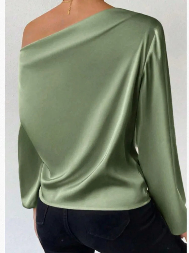 2025 Women’s One-Shoulder Elegant Blouse – Sexy Solid Color Long Sleeve Foreign Style Top 👚✨