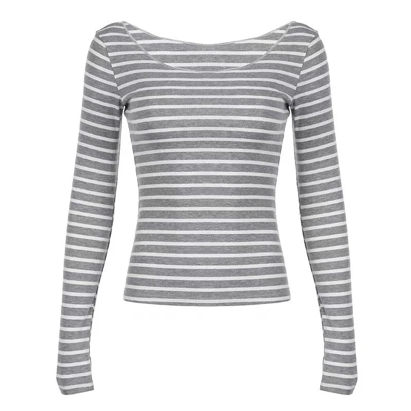 Y2K Grunge Emo Vintage Striped Off Shoulder Long Sleeve Top for Women – Black Grey Retro Goth Tee