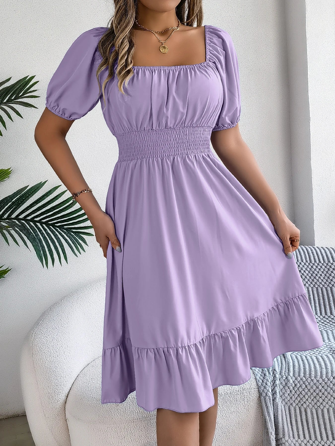 2026 Women’s Elegant High-Waisted Dress – Square Neck, Short Sleeve, Ruffled Edge Long Dress | Spring Summer Valentine’s Day