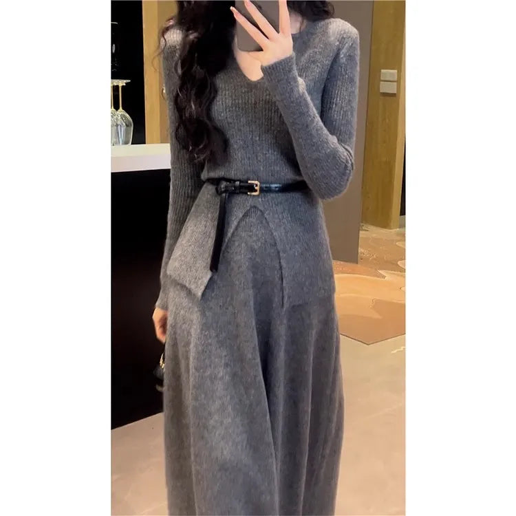 Hebe Style Knitted Two-Piece Set for Women – Slim Fit High Waist Sweater & Split Skirt | Elegant Autumn Winter Korean Outfit