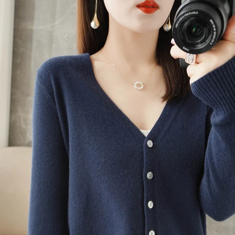 Women Cardigans V-Neck Long Sleeve Knitted Outerwear – Korean Fashion Solid Thin Spring Autumn Sweater