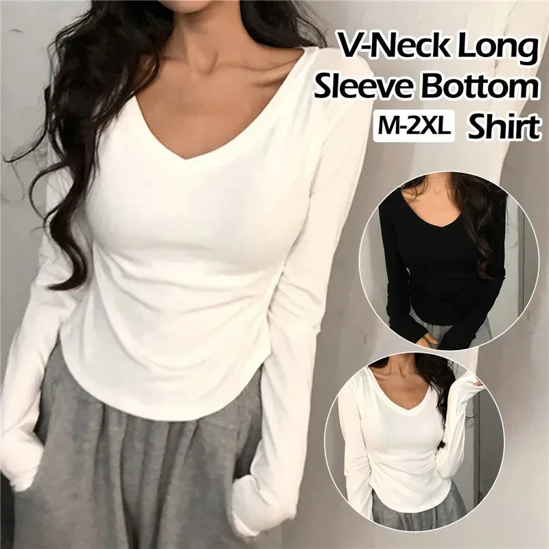 2024 Sexy V-Neck Long Sleeve T-Shirt for Women | Elastic Thin Solid Top for Spring & Autumn