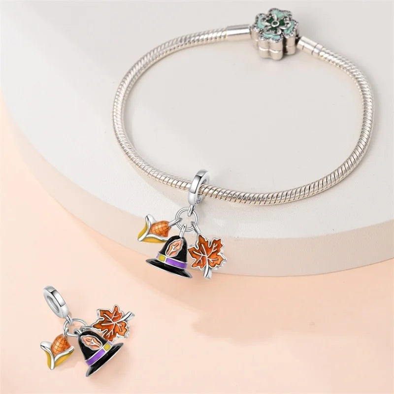 925 Sterling Silver Squirrel & Maple Leaf Charm | Shiny Zircon Autumn Beads Fit Pandora Bracelet DIY Jewelry