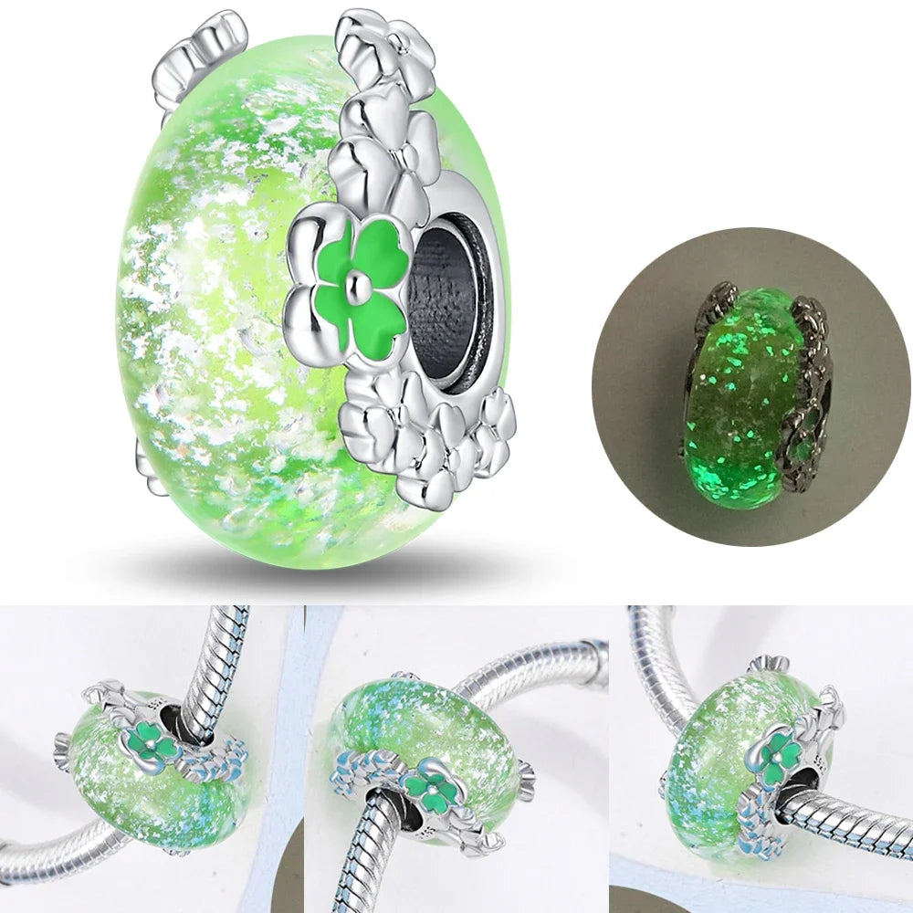 2025 Classic 925 Sterling Silver Colored Flower & Leaf Murano Glass Charm Beads | DIY Bracelet