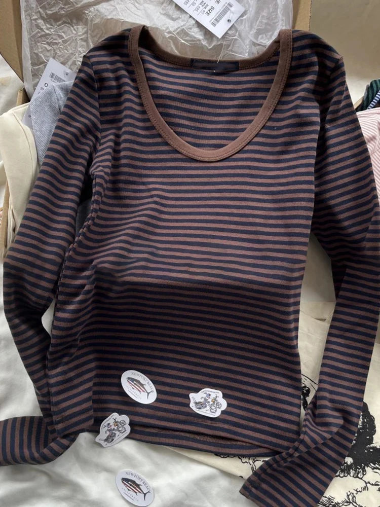 Women’s Pink Striped Slim Long Sleeve Tee | Casual Cotton O-Neck T-Shirt | Sweet Vintage Y2K Top