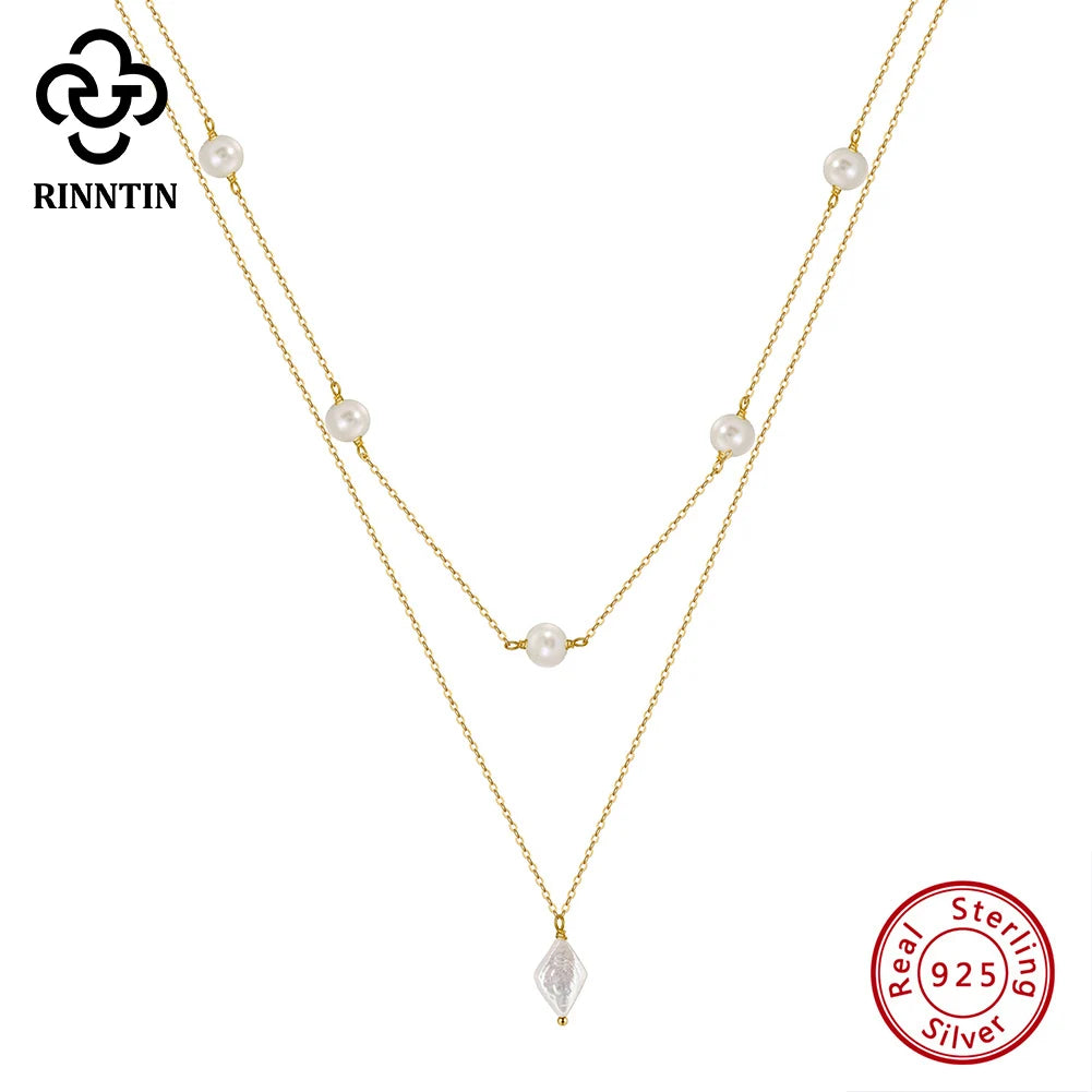 Rinntin 925 Sterling Silver Layered Natural Pearl Necklace | Geometric Pendant Luxury Jewelry
