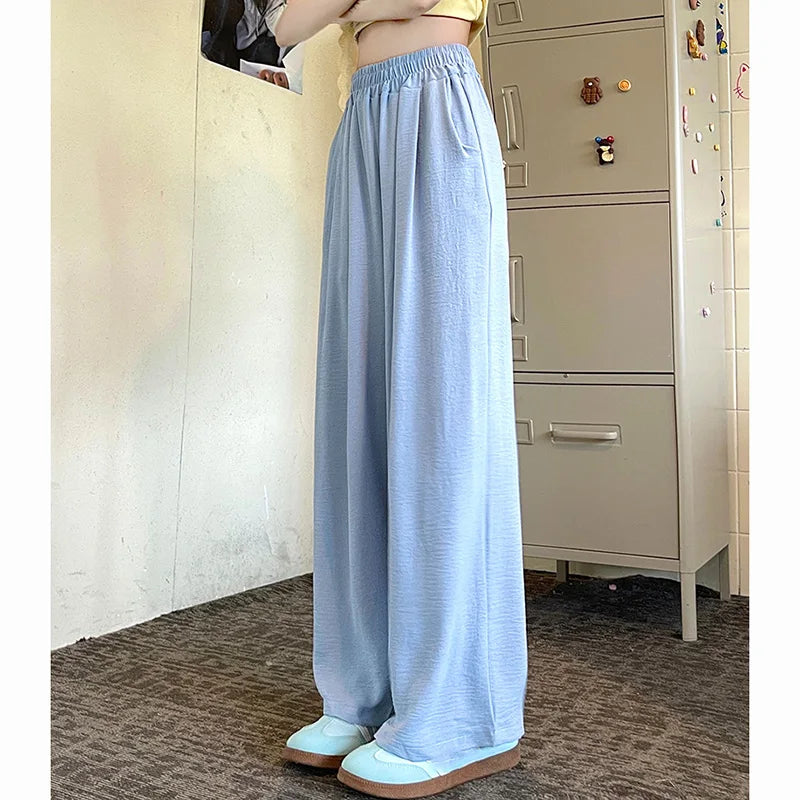 Summer Women Colorful Ice Silk Pants | High Waisted Wide Leg Trousers | Baggy Straight Leg Casual Pants