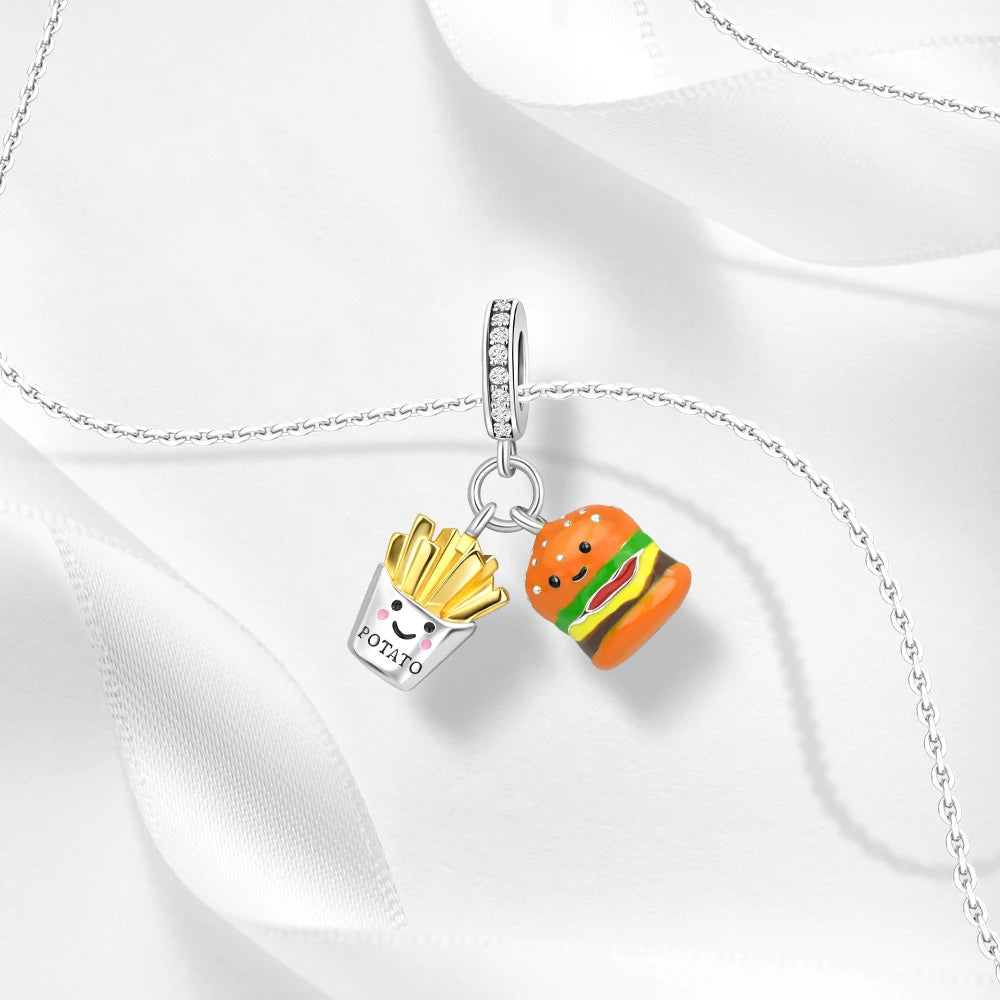 2025 New 925 Sterling Silver Coffee, Cake, Fruit & Burger Charms | Fit Pandora Bracelet & Necklace DIY Jewelry