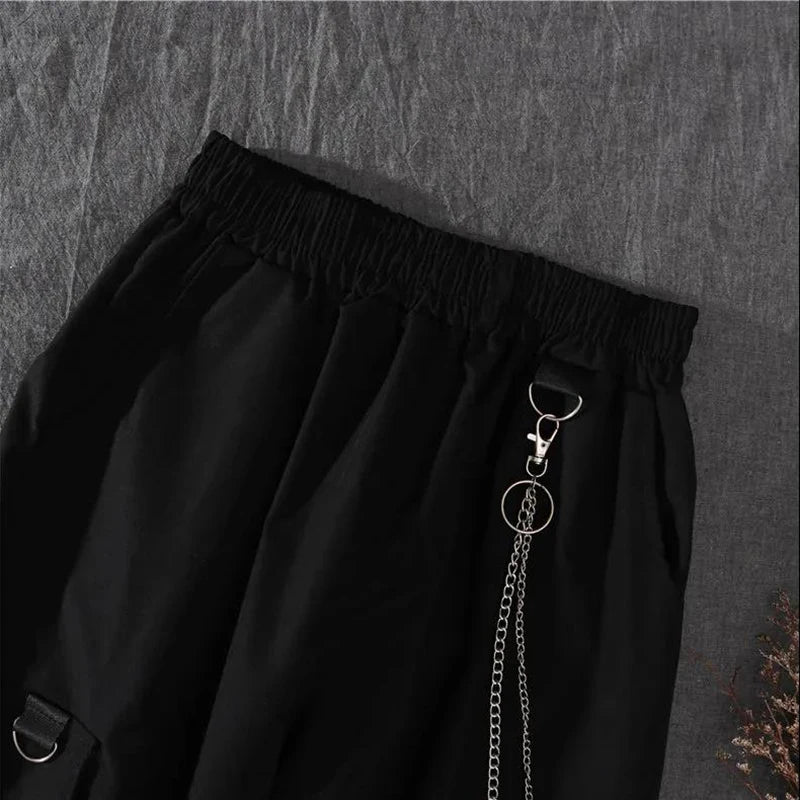 Spring Autumn Women’s Harajuku Cargo Two-Piece Suit – Cool Chain Ribbon Long Sleeve Top & Pants 🖤✨