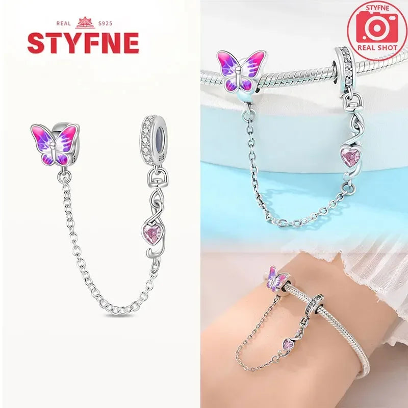 S925 Silver Cute Cat Heart Bead Safety Chain Fit Original Bracelet