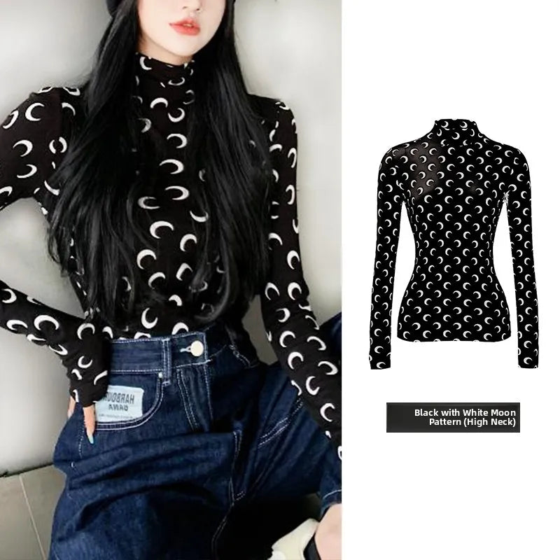 American Retro Women’s Two-Piece Set – Ice Silk Top & Pants with Moon Print Long Sleeve 🌙✨