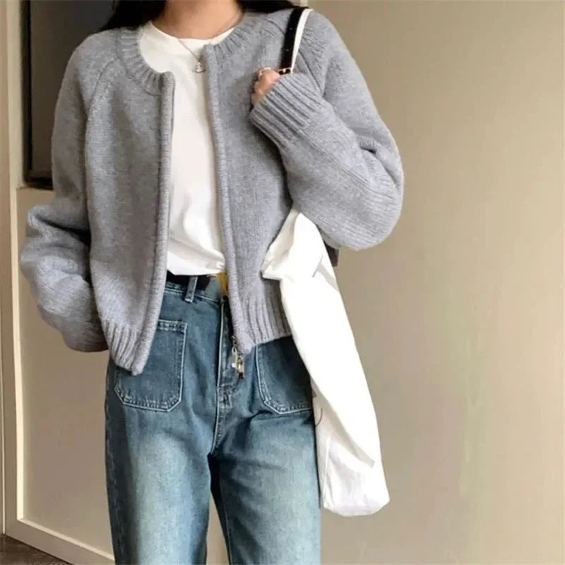 Women's Short Knitted Cardigan 2025 | Autumn Winter Solid Color Zipper Sweater Jacket